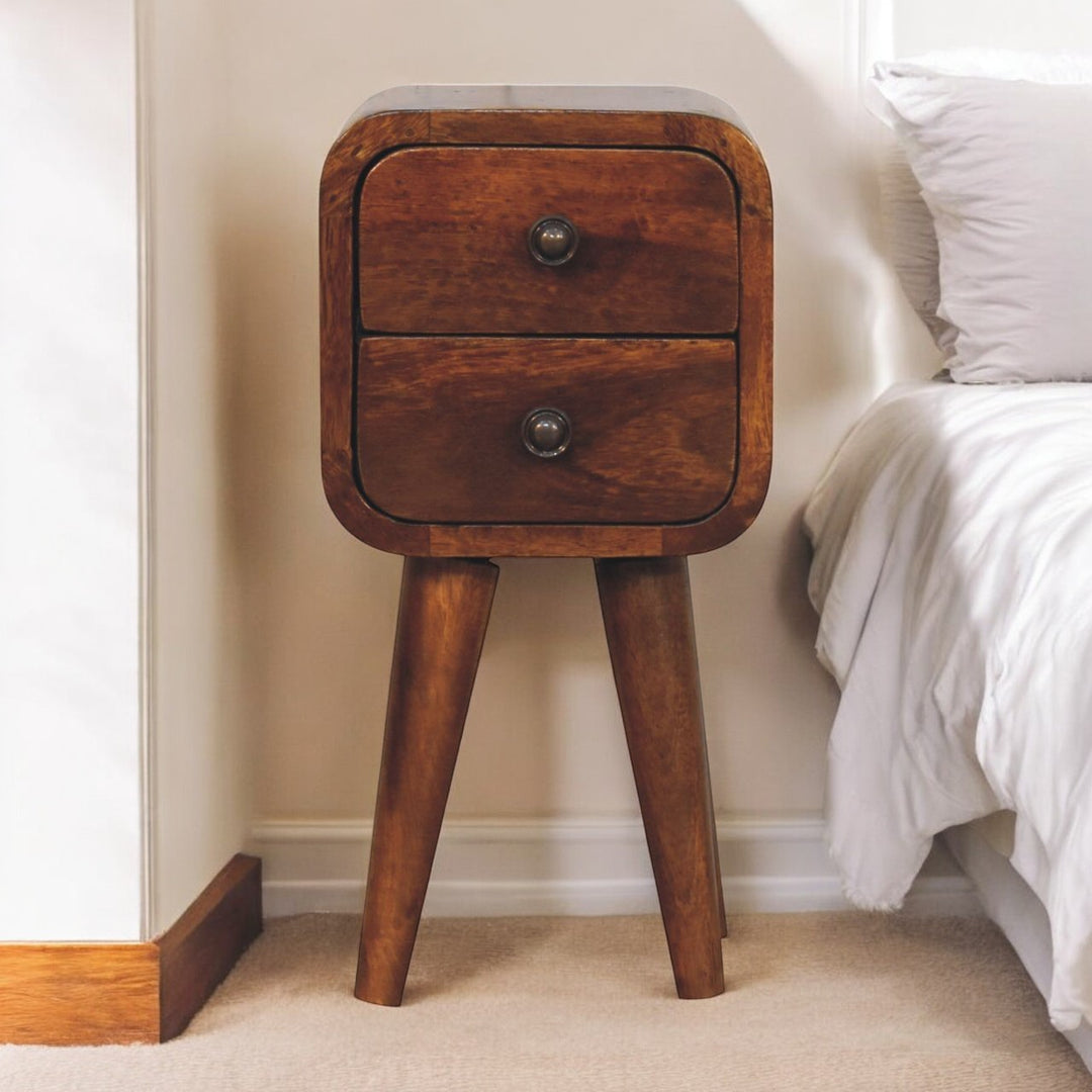 Solid Wood Extra Mini Curved Chestnut Nightstand, Dark Brown