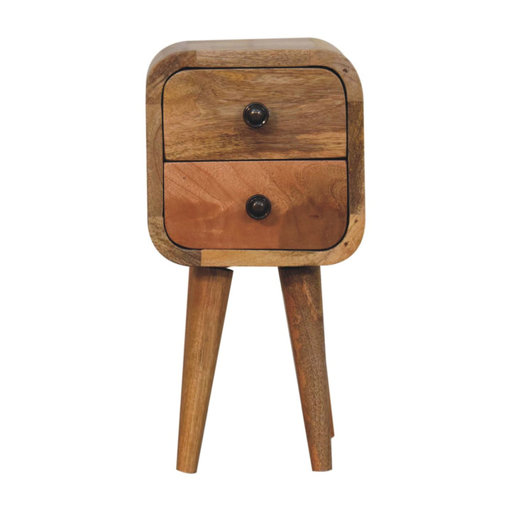 Solid Wood Extra Mini Curved Oak-ish Bedside, Nordic Legs, 2-Drawers, Light Brown
