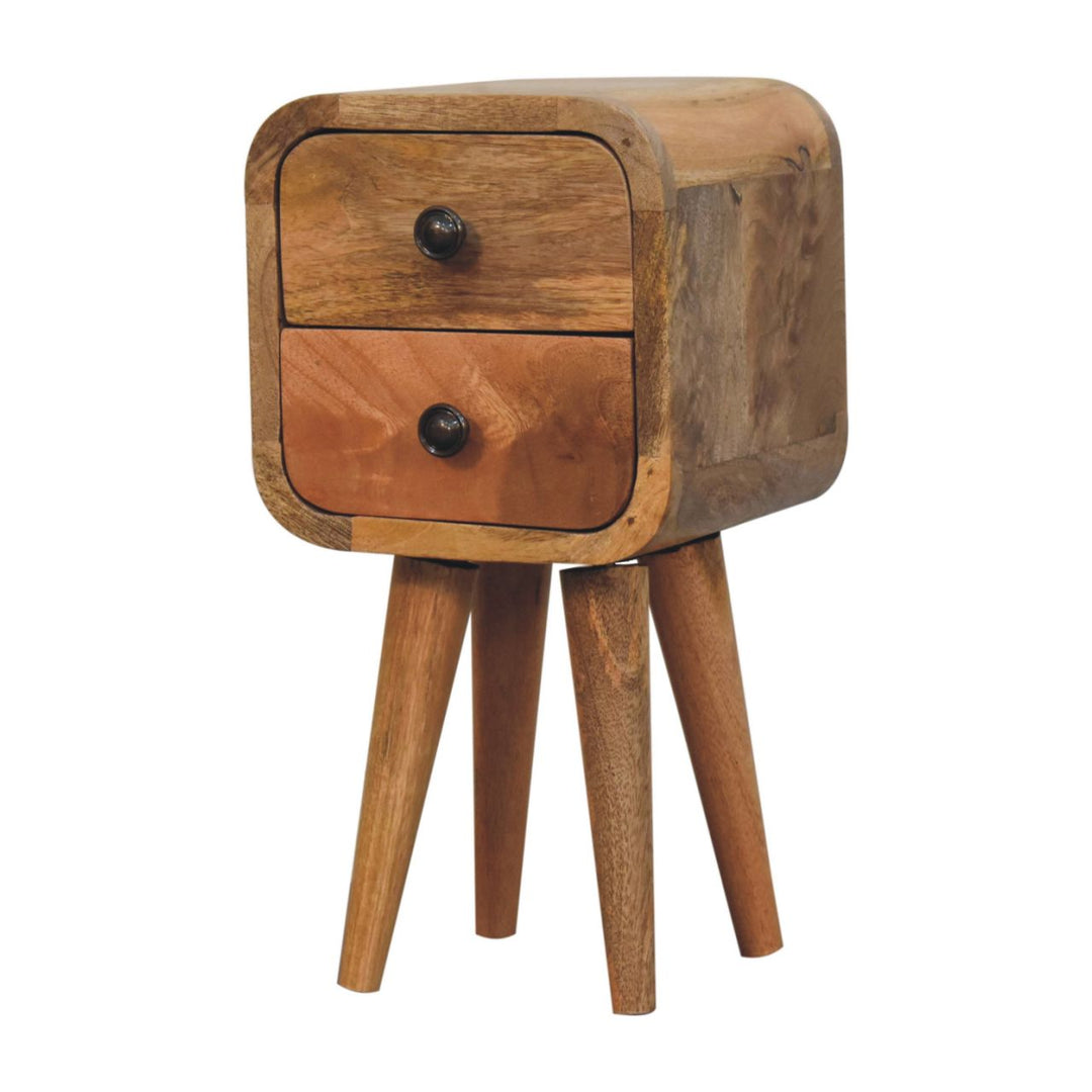 Solid Wood Extra Mini Curved Oak-ish Bedside, Nordic Legs, 2-Drawers, Light Brown