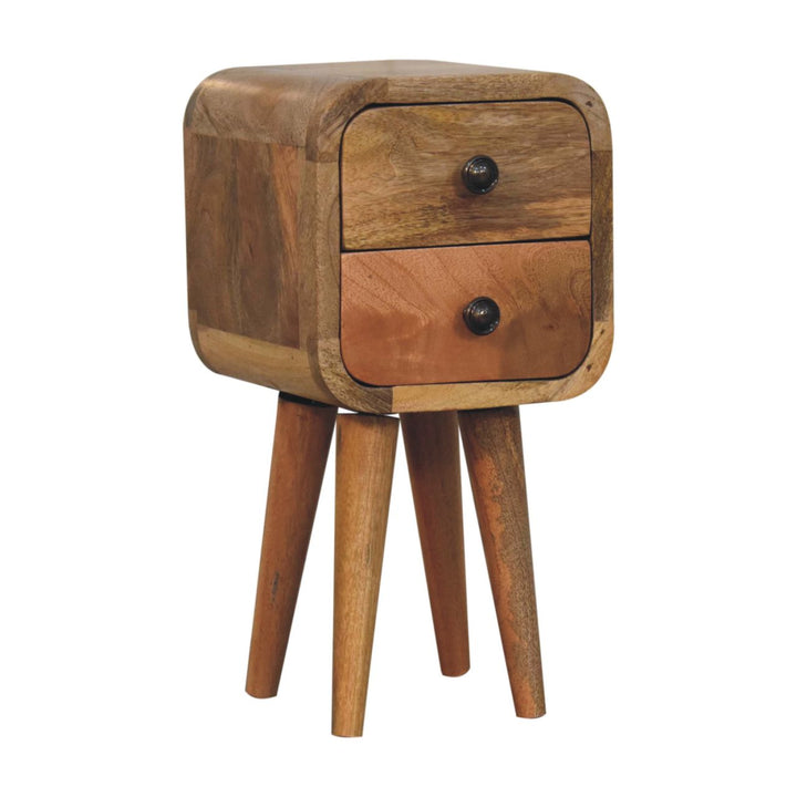 Solid Wood Extra Mini Curved Oak-ish Bedside, Nordic Legs, 2-Drawers, Light Brown