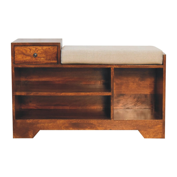 Solid Wood Retreat Chestnut Shoe Bench, Upholstered, 1-Drawer, 3-Shelves, Beige and Brown