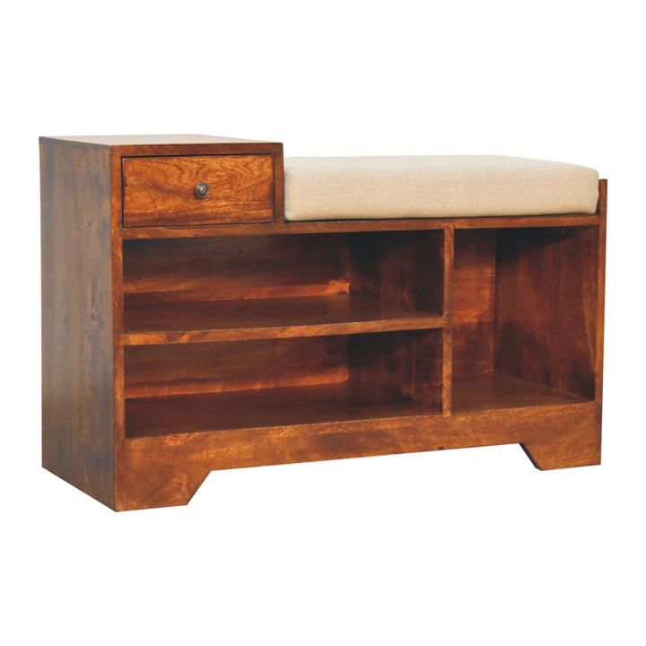 Solid Wood Retreat Chestnut Shoe Bench, Upholstered, 1-Drawer, 3-Shelves, Beige and Brown