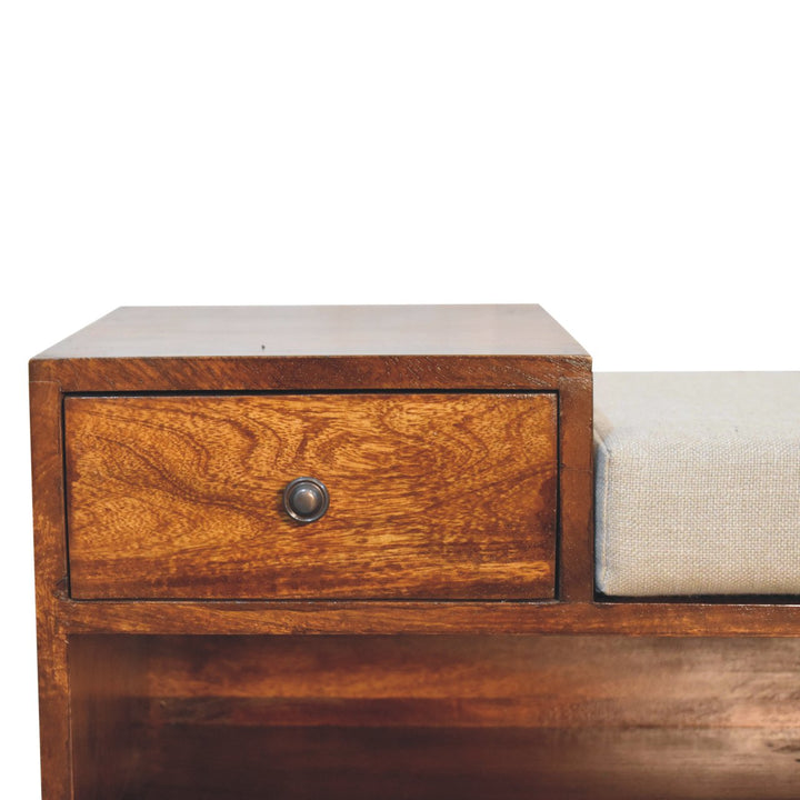 Solid Wood Retreat Chestnut Shoe Bench, Upholstered, 1-Drawer, 3-Shelves, Beige and Brown