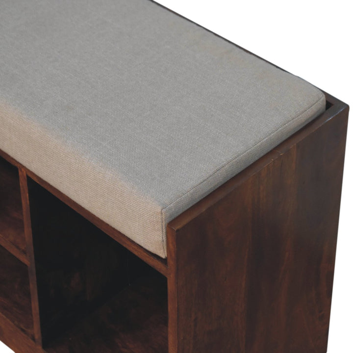 Solid Wood Retreat Chestnut Shoe Bench, Upholstered, 1-Drawer, 3-Shelves, Beige and Brown