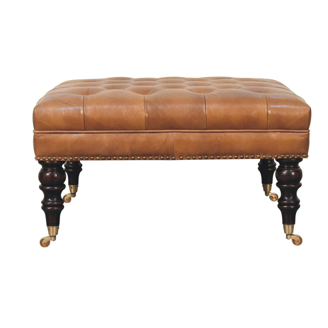 Solid Wood Studded Buffalo Leather Upholstered Ottoman with Castor Legs, Tan and Brown
