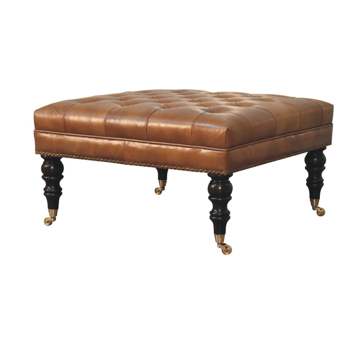 Solid Wood Studded Buffalo Leather Upholstered Ottoman with Castor Legs, Tan and Brown