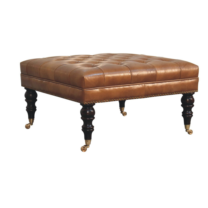Solid Wood Studded Buffalo Leather Upholstered Ottoman with Castor Legs, Tan and Brown