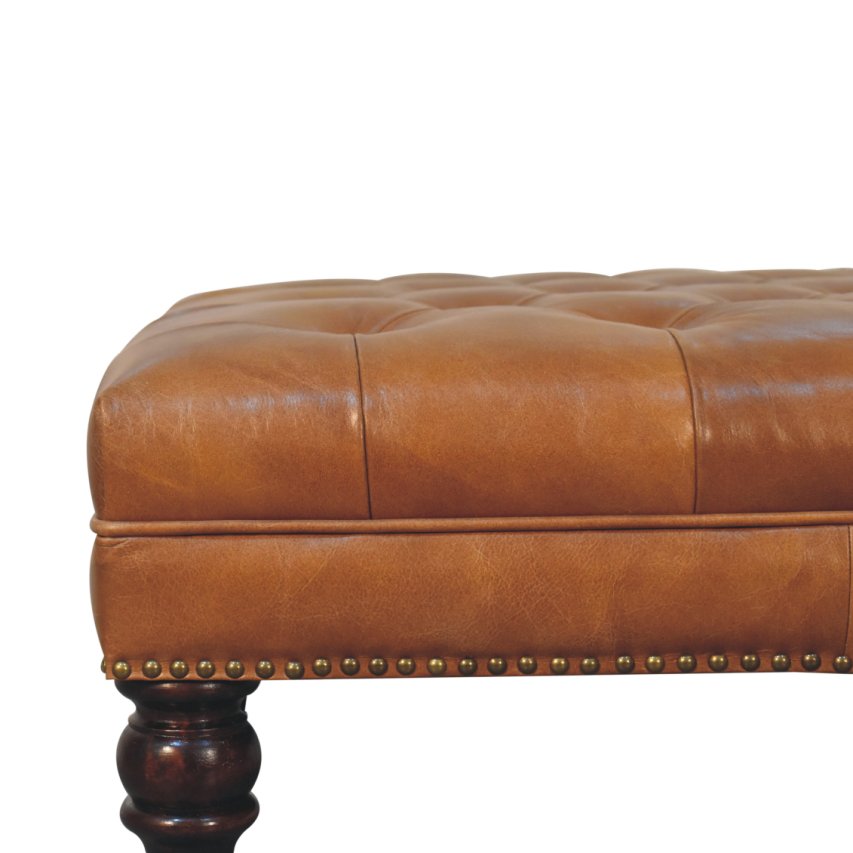 Solid Wood Studded Buffalo Leather Upholstered Ottoman with Castor Legs, Tan and Brown