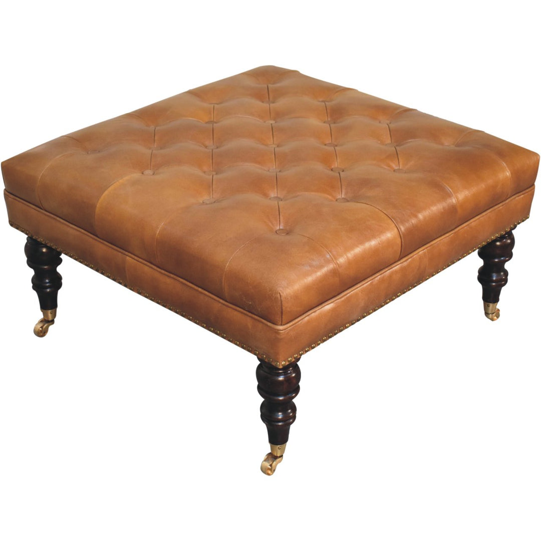 Solid Wood Studded Buffalo Leather Upholstered Ottoman with Castor Legs, Tan and Brown