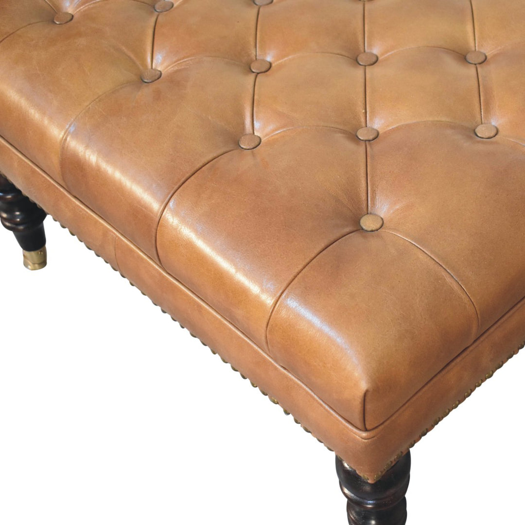 Solid Wood Studded Buffalo Leather Upholstered Ottoman with Castor Legs, Tan and Brown