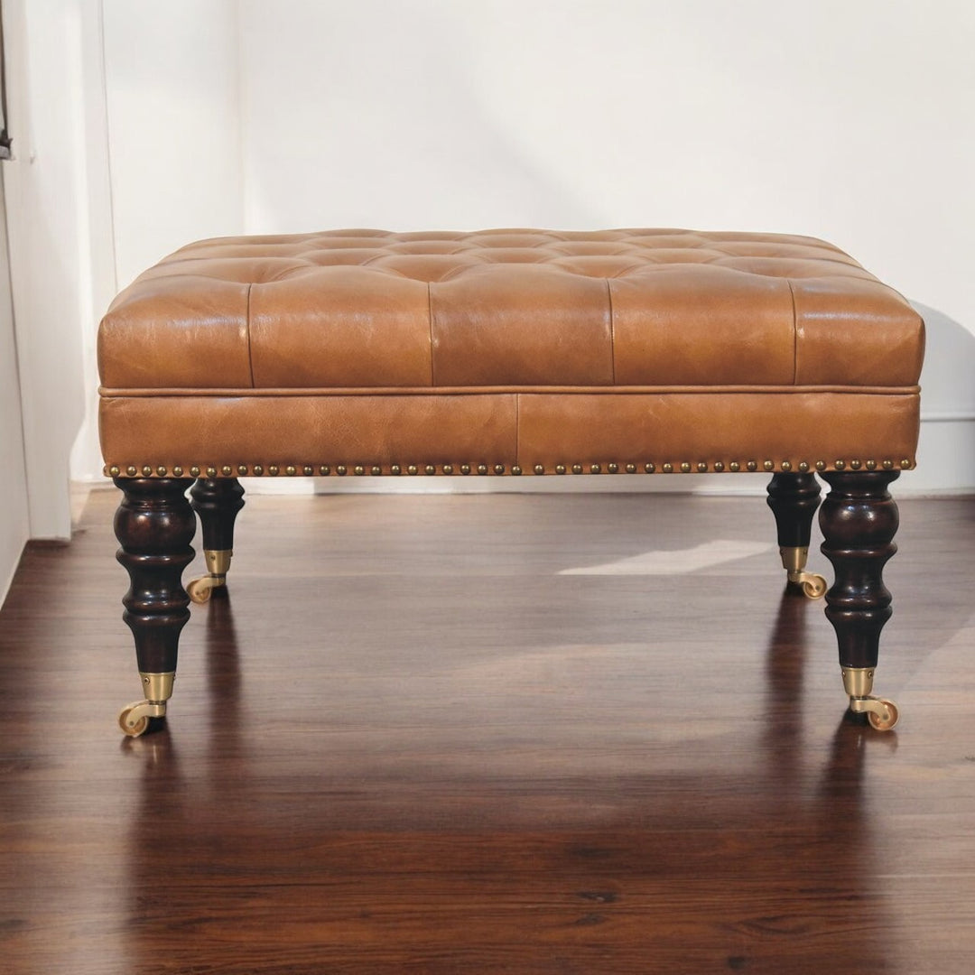 Solid Wood Studded Buffalo Leather Upholstered Ottoman with Castor Legs, Tan and Brown