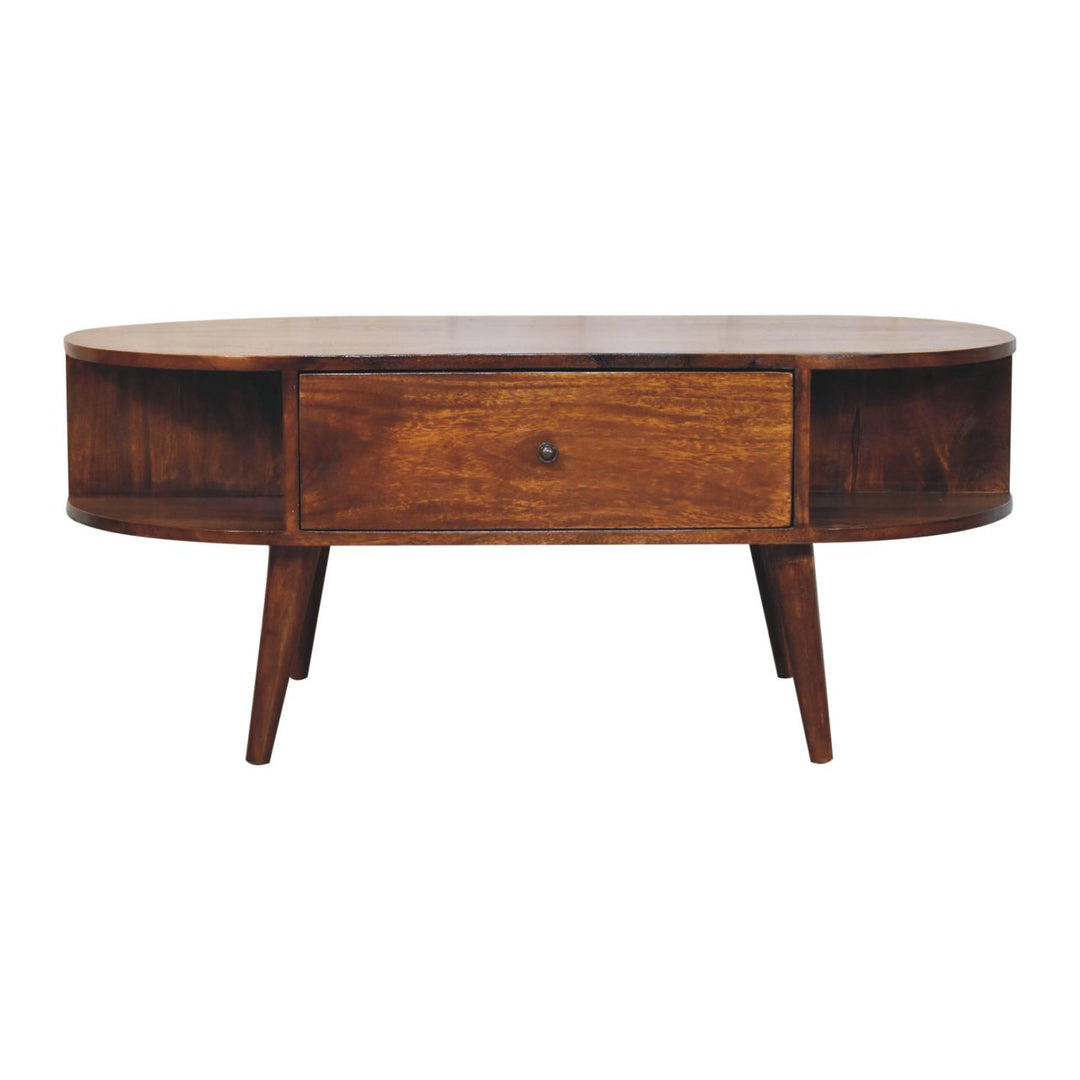 Solid Wood Oval Coffee Table with 2-Drawes, 4 Open Compartments, Chestnut, Dark Brown