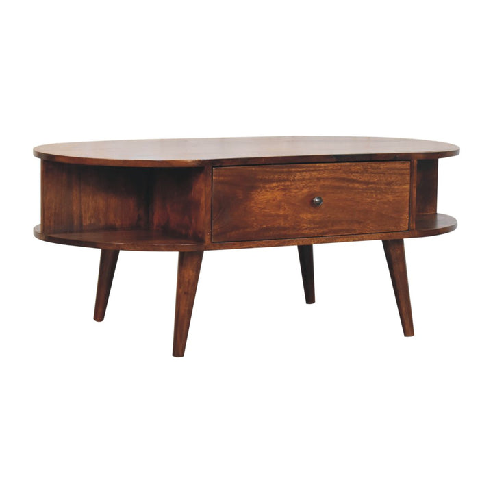 Solid Wood Oval Coffee Table with 2-Drawes, 4 Open Compartments, Chestnut, Dark Brown