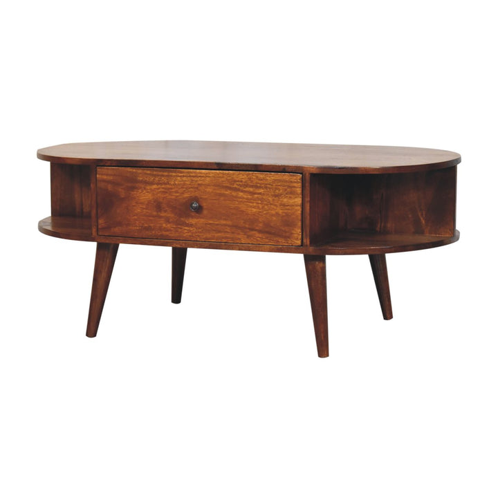 Solid Wood Oval Coffee Table with 2-Drawes, 4 Open Compartments, Chestnut, Dark Brown