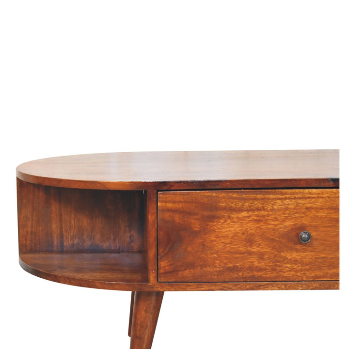 Solid Wood Oval Coffee Table with 2-Drawes, 4 Open Compartments, Chestnut, Dark Brown