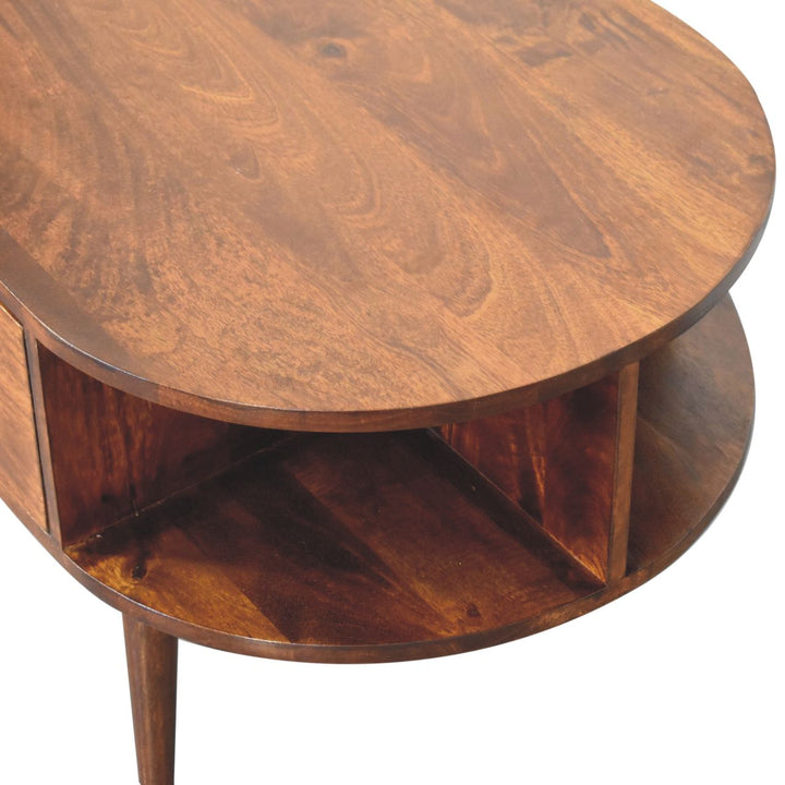 Solid Wood Oval Coffee Table with 2-Drawes, 4 Open Compartments, Chestnut, Dark Brown