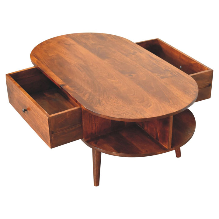 Solid Wood Oval Coffee Table with 2-Drawes, 4 Open Compartments, Chestnut, Dark Brown