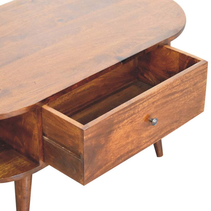 Solid Wood Oval Coffee Table with 2-Drawes, 4 Open Compartments, Chestnut, Dark Brown