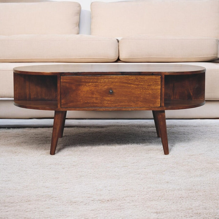 Solid Wood Oval Coffee Table with 2-Drawes, 4 Open Compartments, Chestnut, Dark Brown
