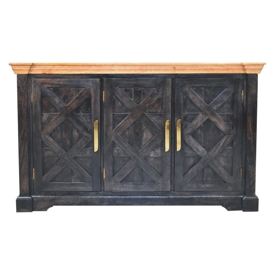 Solid Wood Regal Rustic Sideboard, 6 Compartments, Gold, Ash Black and Brown