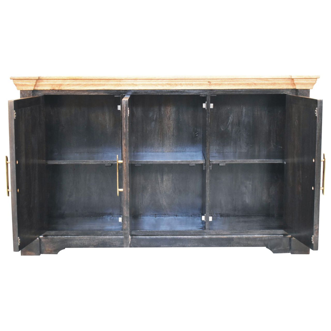Solid Wood Regal Rustic Sideboard, 6 Compartments, Gold, Ash Black and Brown