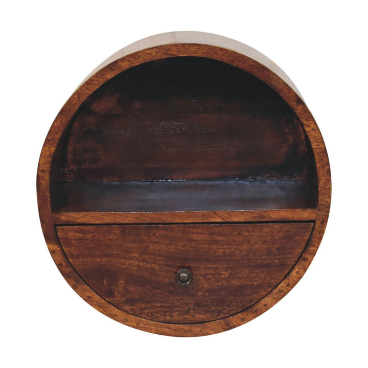 Solid Wood Floating Circle Chestnut Bedside, 1-Drawer, 1 Open-Slot, Dark Brown