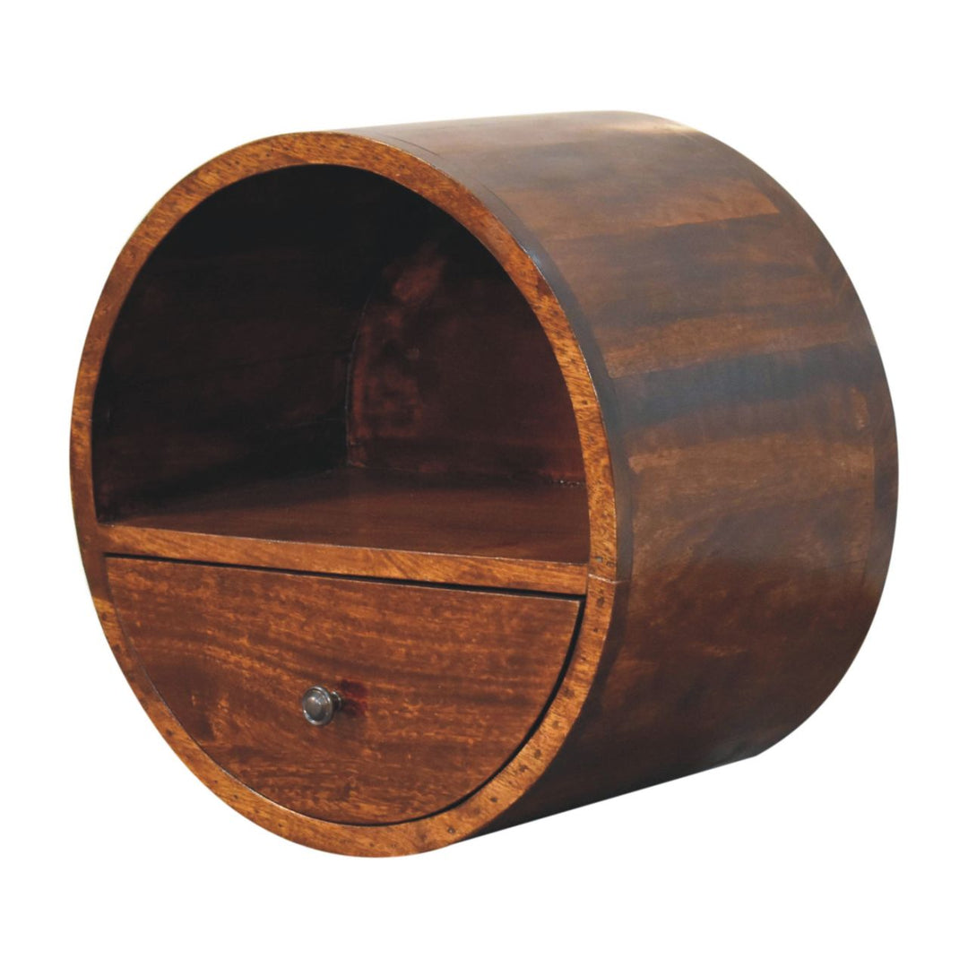 Solid Wood Floating Circle Chestnut Bedside, 1-Drawer, 1 Open-Slot, Dark Brown