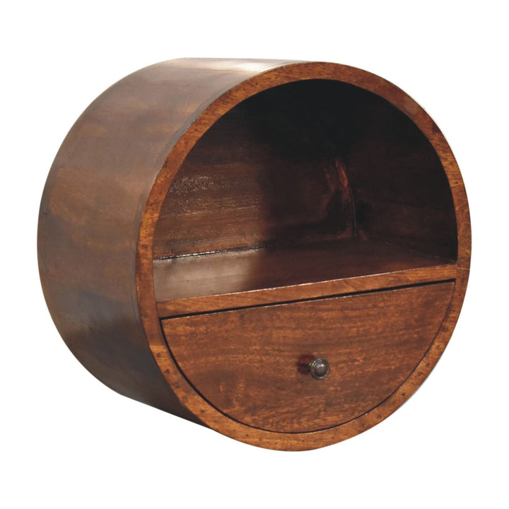 Solid Wood Floating Circle Chestnut Bedside, 1-Drawer, 1 Open-Slot, Dark Brown
