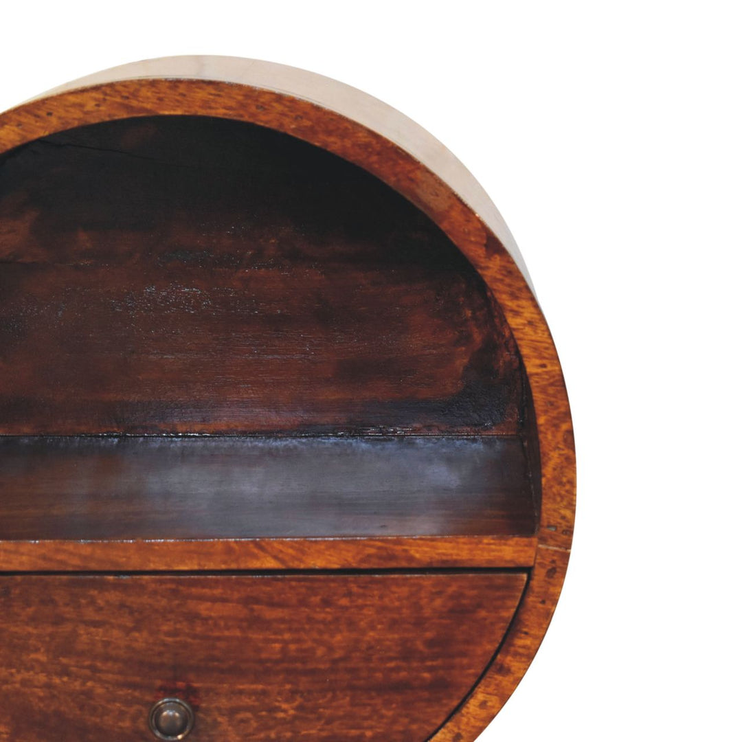 Solid Wood Floating Circle Chestnut Bedside, 1-Drawer, 1 Open-Slot, Dark Brown