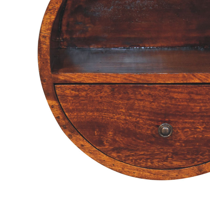 Solid Wood Floating Circle Chestnut Bedside, 1-Drawer, 1 Open-Slot, Dark Brown