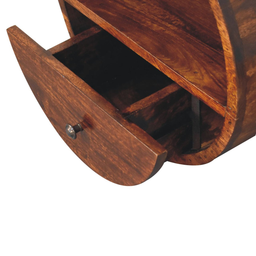 Solid Wood Floating Circle Chestnut Bedside, 1-Drawer, 1 Open-Slot, Dark Brown
