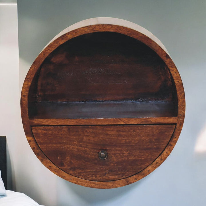Solid Wood Floating Circle Chestnut Bedside, 1-Drawer, 1 Open-Slot, Dark Brown