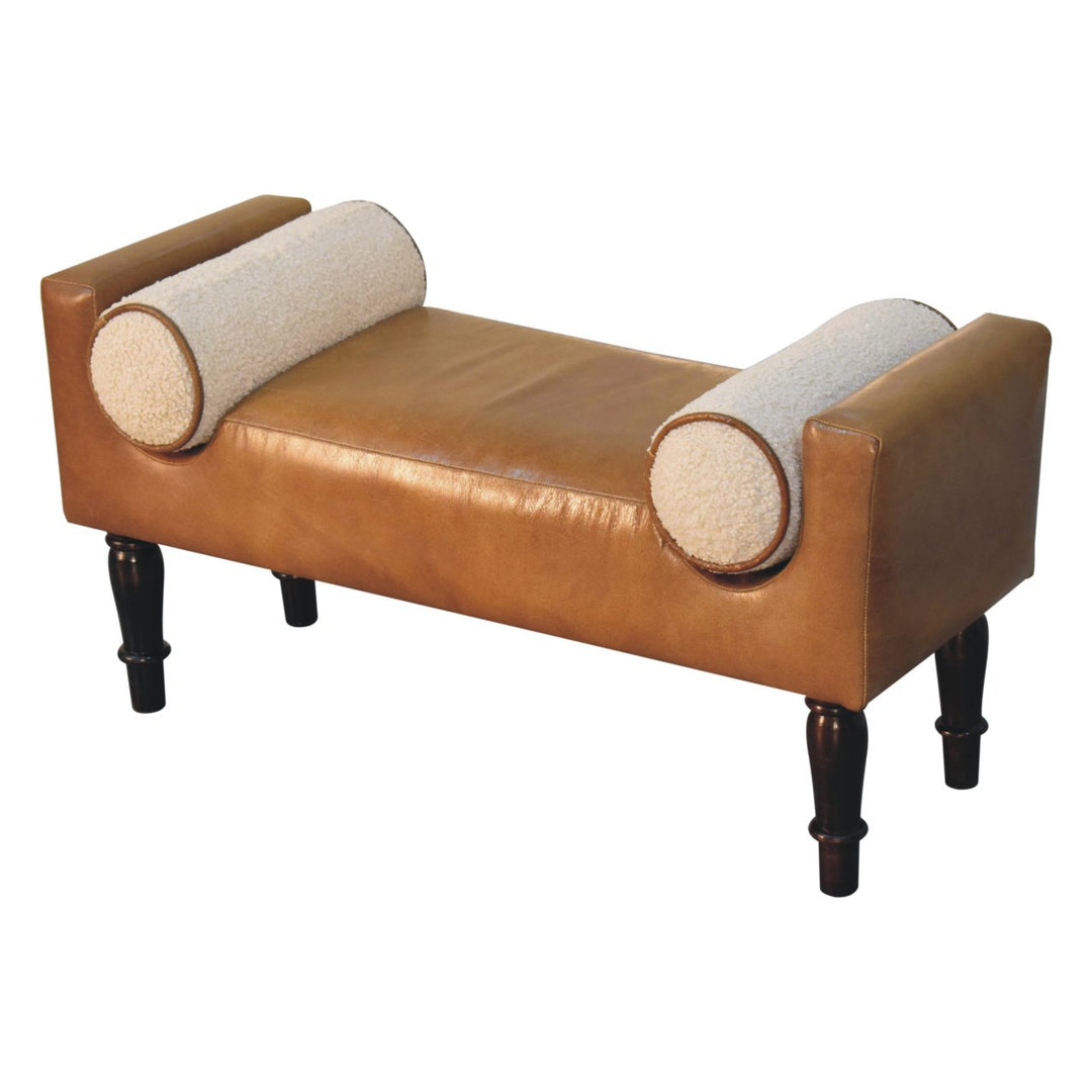 Solid Wood Chester Buffalo Bench, Upholstered, Beige and Tan Brown