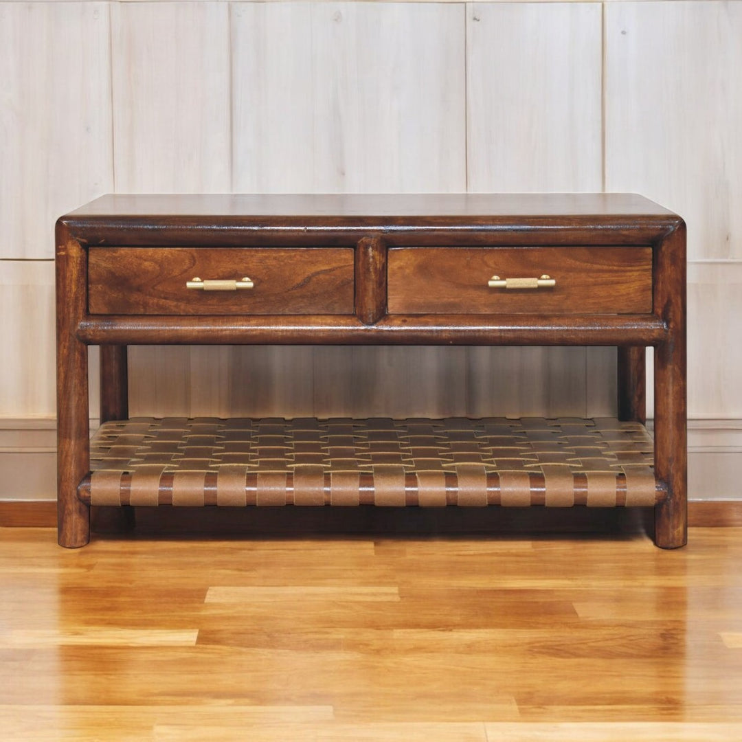 Regency Woven Console Table with 4-Drawers, Open Slot, Brown