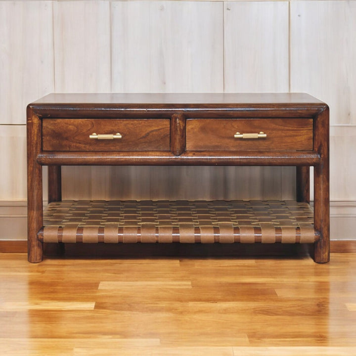 Regency Woven Console Table with 4-Drawers, Open Slot, Brown