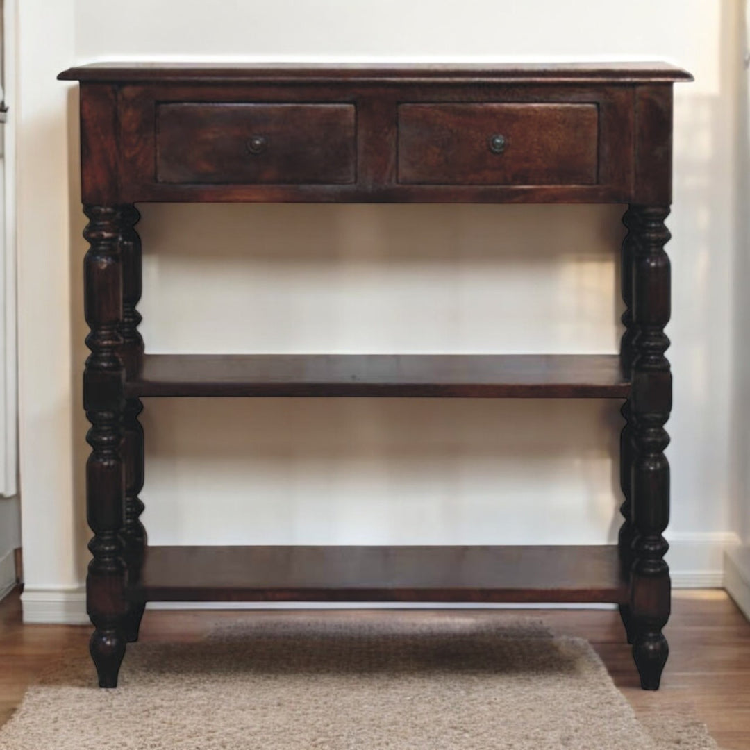Turned Legs Cherry Side Table, 2-Drawers, 2 Open Slots