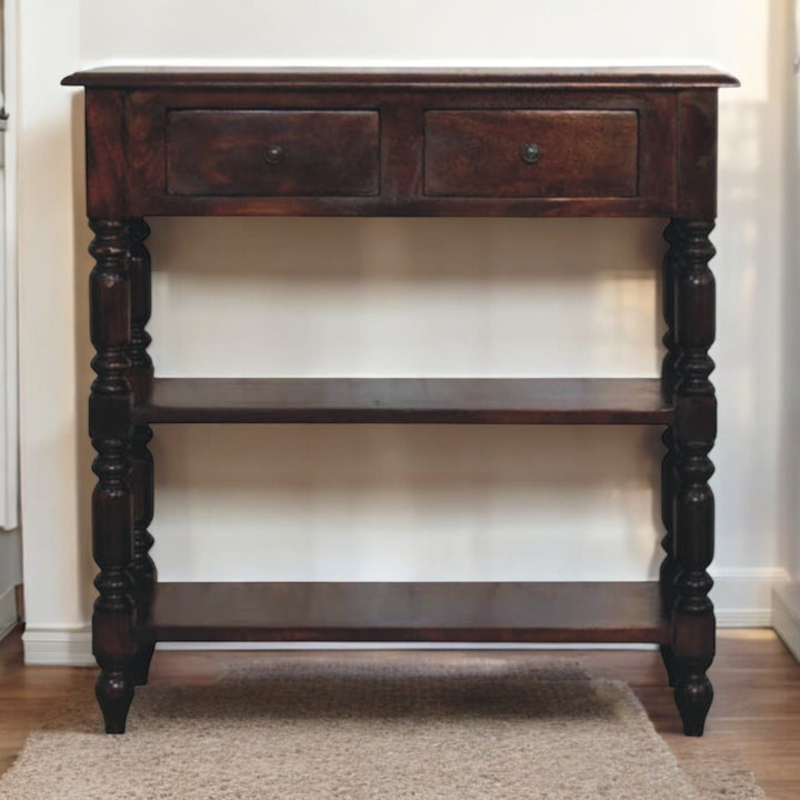 Turned Legs Cherry Side Table, 2-Drawers, 2 Open Slots