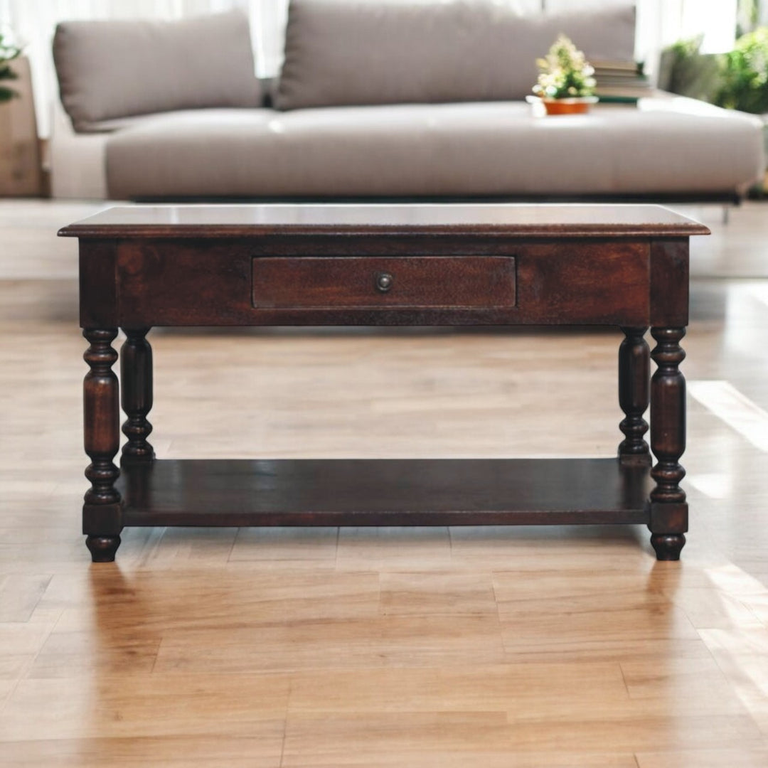 Turned Legs Cherry Console Table, 2-Drawers, Dark Brown