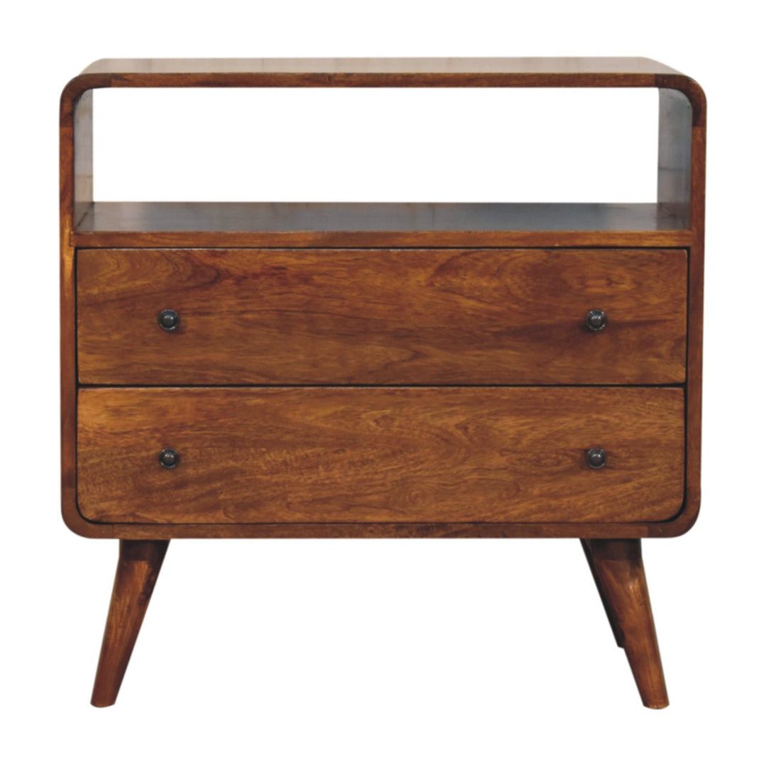 Solid Wood Curved Nordic Charm Console, 2-Drawers, 1-Openn Storage, Nordic Legs, Brown