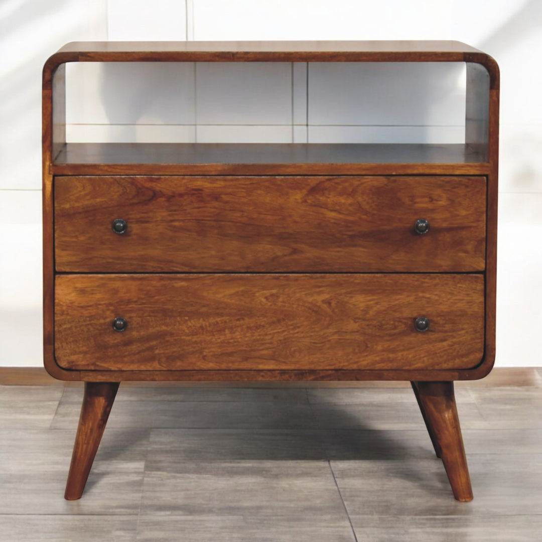 Solid Wood Curved Nordic Charm Console, 2-Drawers, 1-Openn Storage, Nordic Legs, Brown