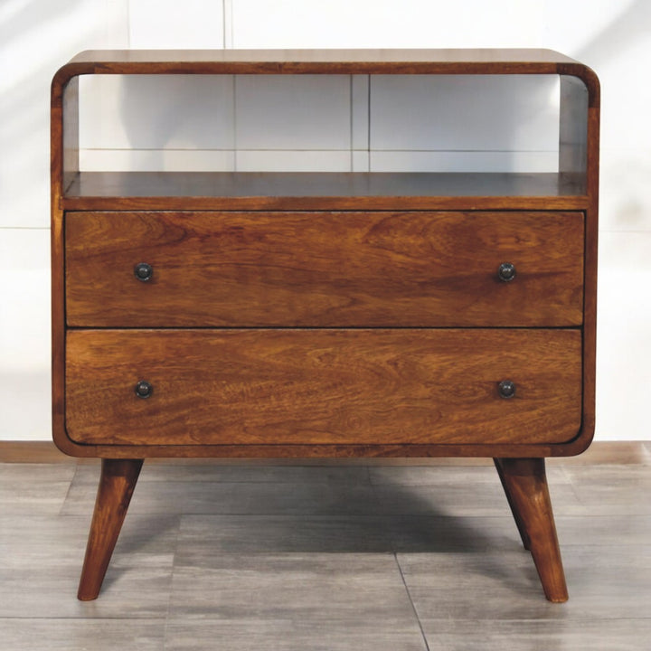 Solid Wood Curved Nordic Charm Console, 2-Drawers, 1-Openn Storage, Nordic Legs, Brown