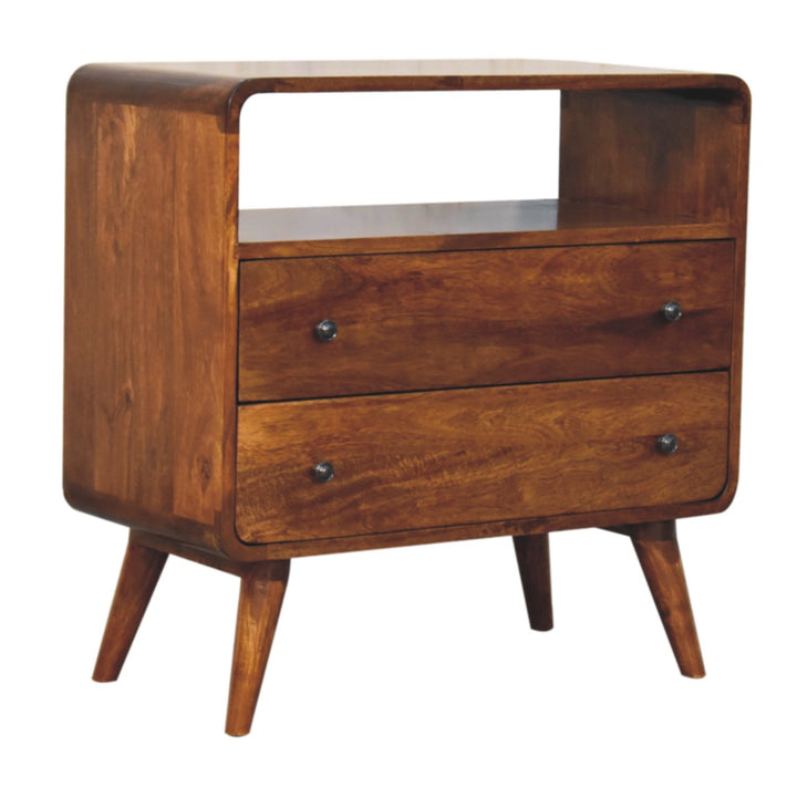 Solid Wood Curved Nordic Charm Console, 2-Drawers, 1-Openn Storage, Nordic Legs, Brown