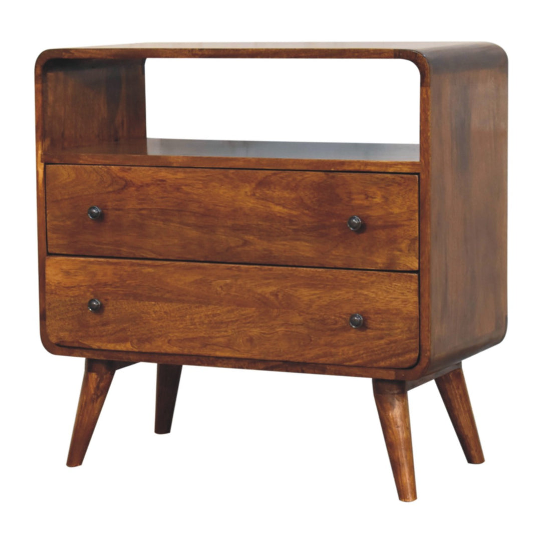 Solid Wood Curved Nordic Charm Console, 2-Drawers, 1-Openn Storage, Nordic Legs, Brown