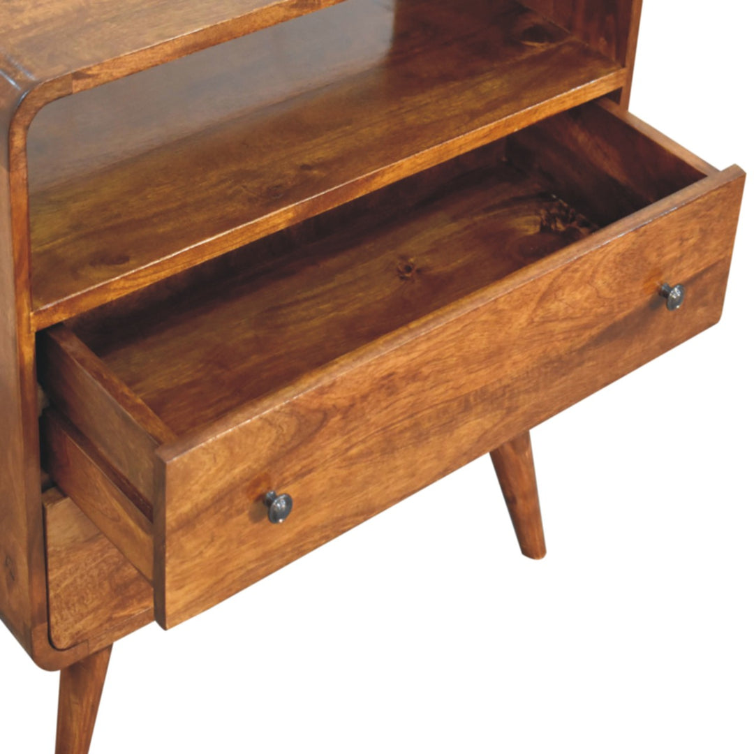Solid Wood Curved Nordic Charm Console, 2-Drawers, 1-Openn Storage, Nordic Legs, Brown