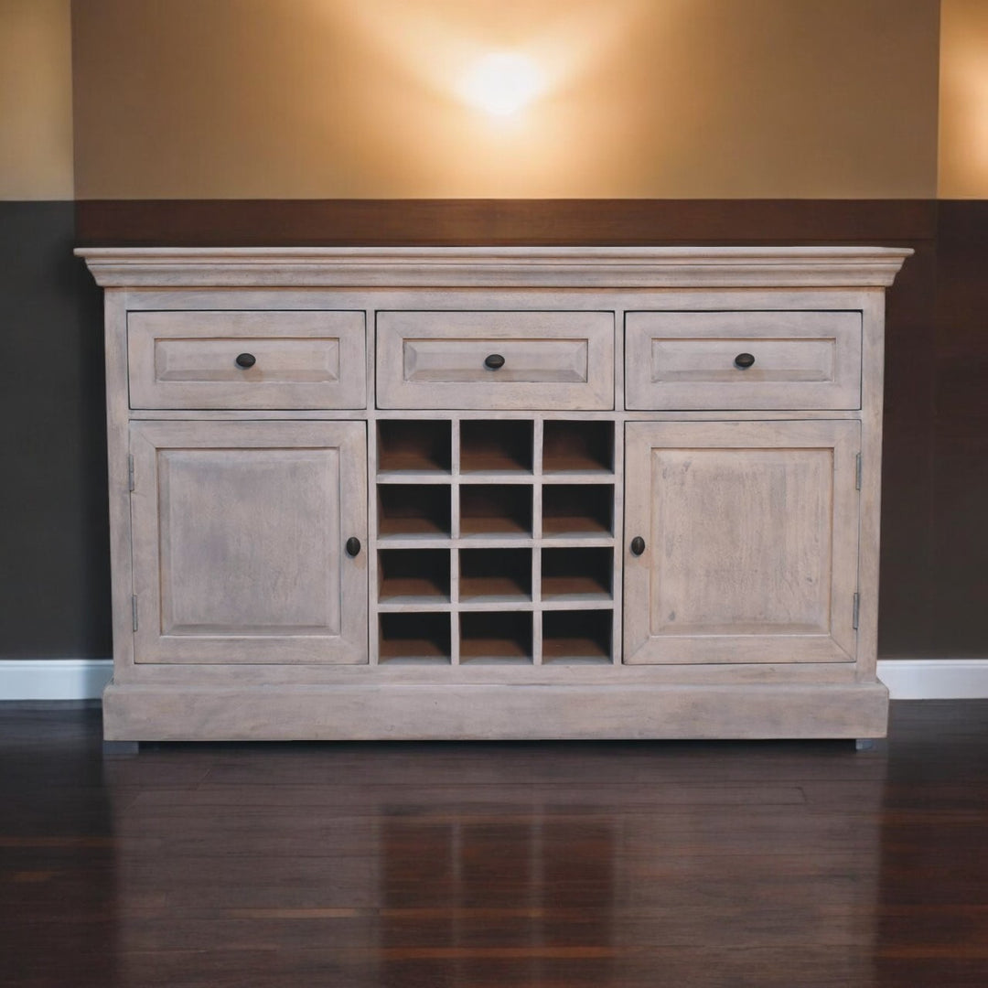 Solid Wood Acid Wash Wine Storage Unit, 3-Drawers, 4-Shelves, Bottle Storage, White