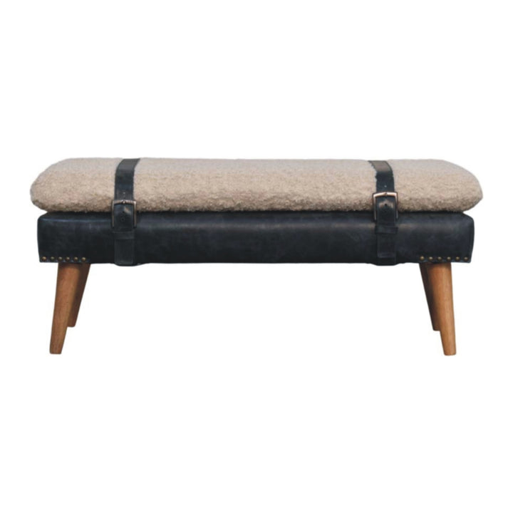 Boucle x Leather Upholstered Bench, Nordic Legs, Black and Beige