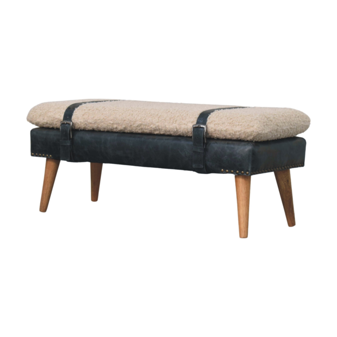 Boucle x Leather Upholstered Bench, Nordic Legs, Black and Beige