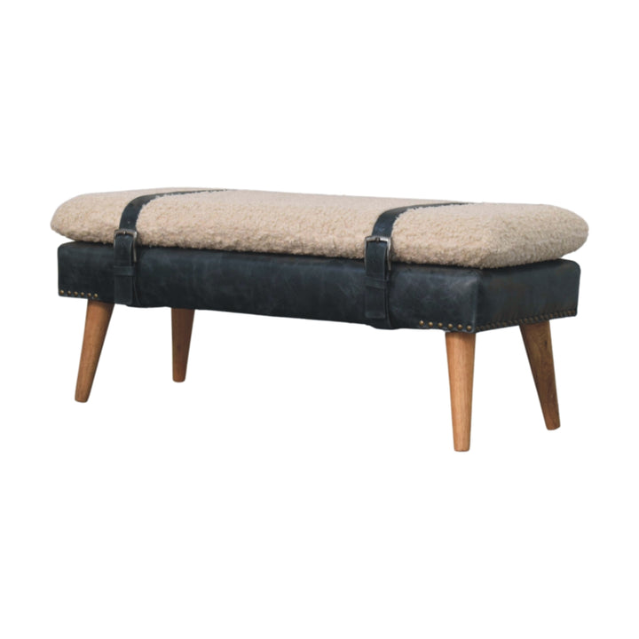 Boucle x Leather Upholstered Bench, Nordic Legs, Black and Beige