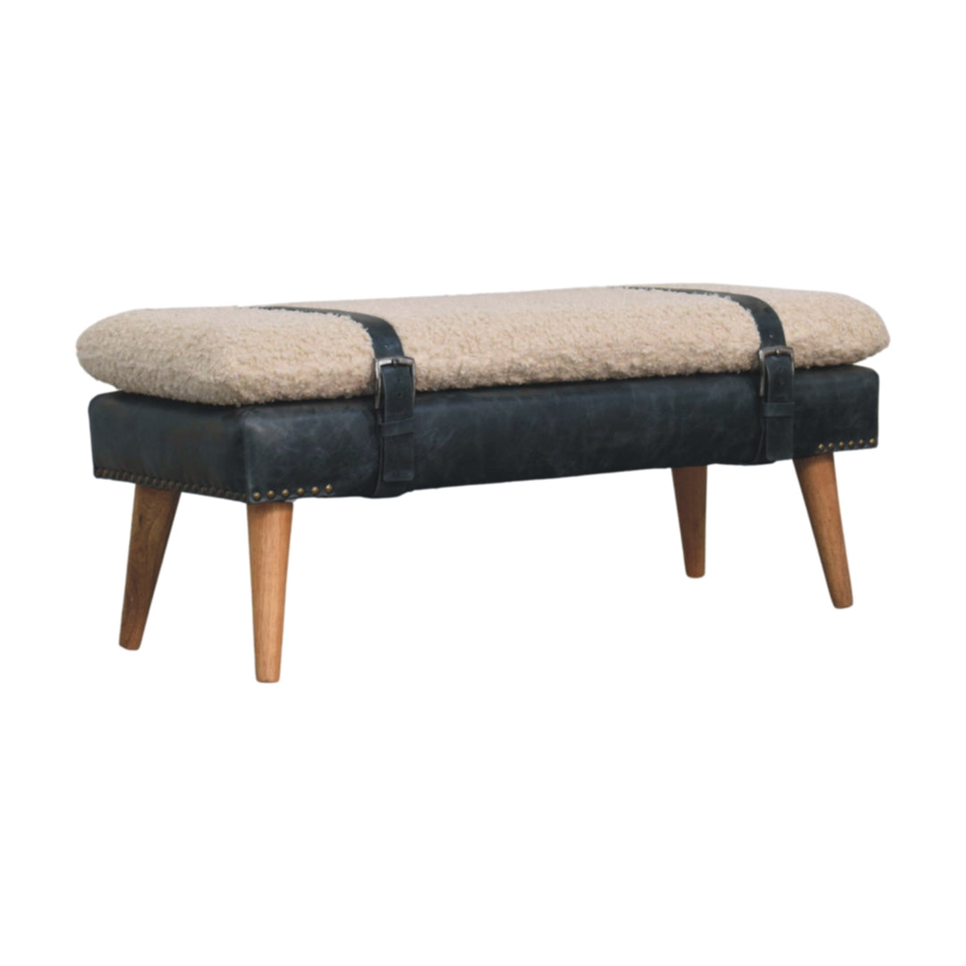Boucle x Leather Upholstered Bench, Nordic Legs, Black and Beige