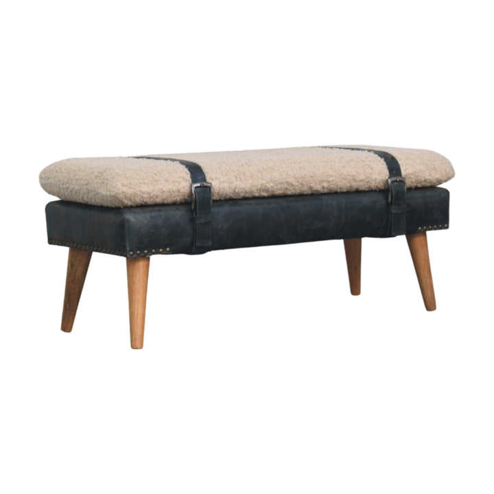 Boucle x Leather Upholstered Bench, Nordic Legs, Black and Beige